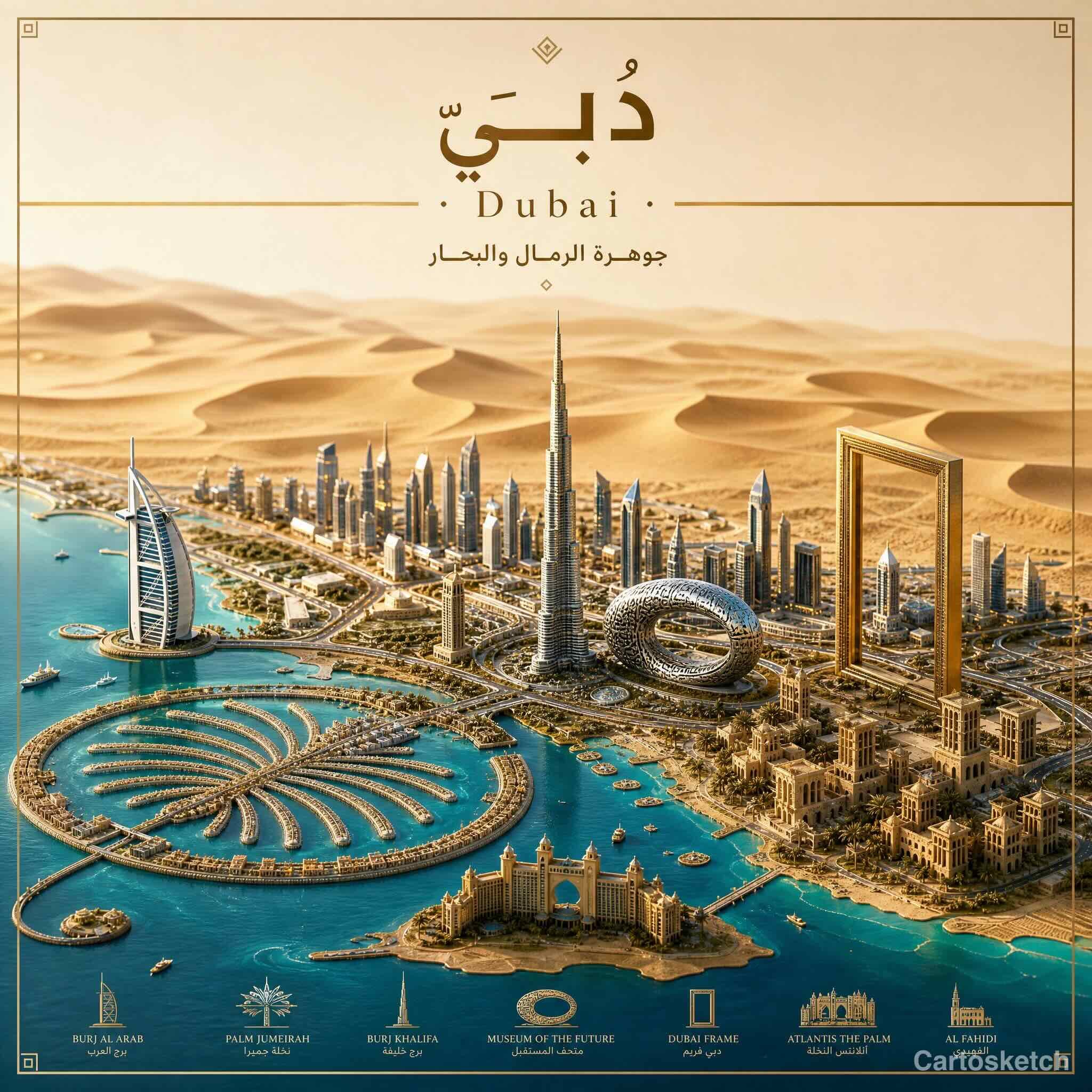 Dubai destination poster generated by Cartosketch AI — isometric relief map with Arabic title دُبَيّ