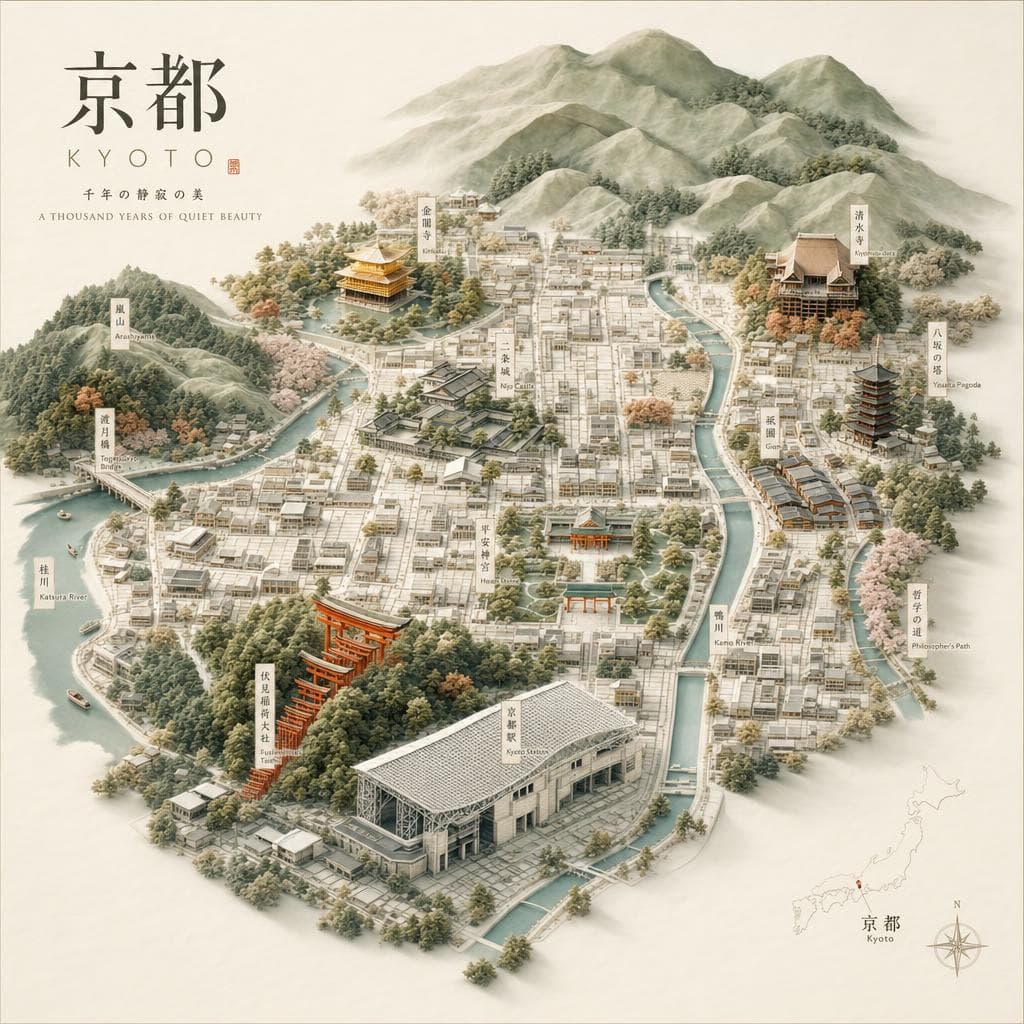Kyoto destination poster generated by Cartosketch AI — isometric relief map with Japanese title 京都