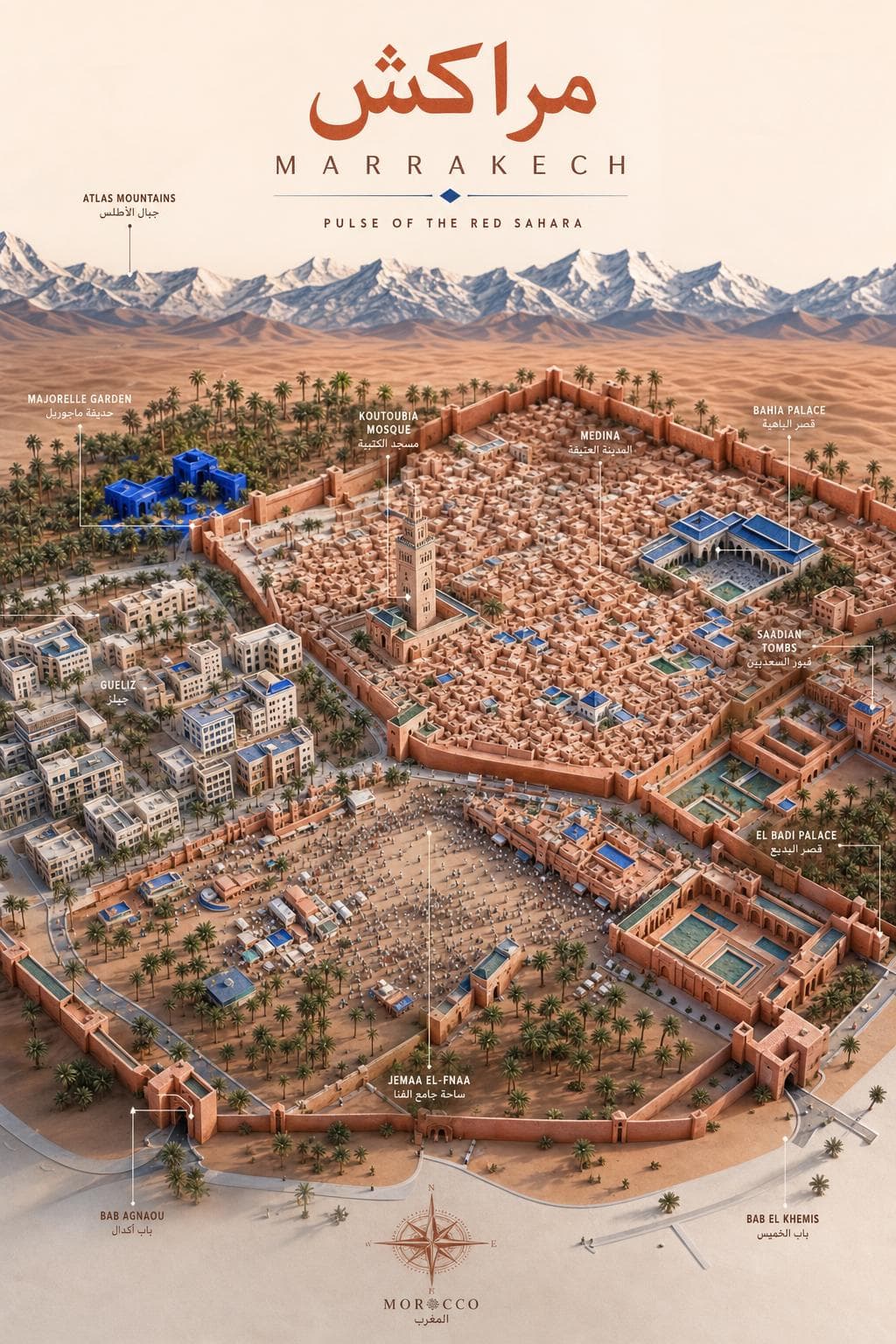Marrakech destination poster generated by Cartosketch AI — Arabic-titled isometric relief map