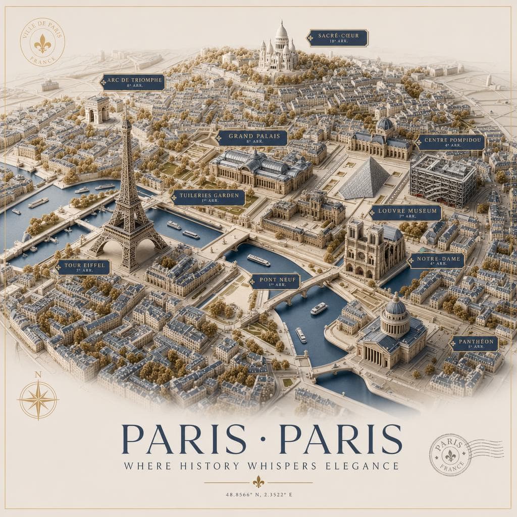 Paris destination poster generated by Cartosketch AI — isometric relief map with PARIS · PARIS title