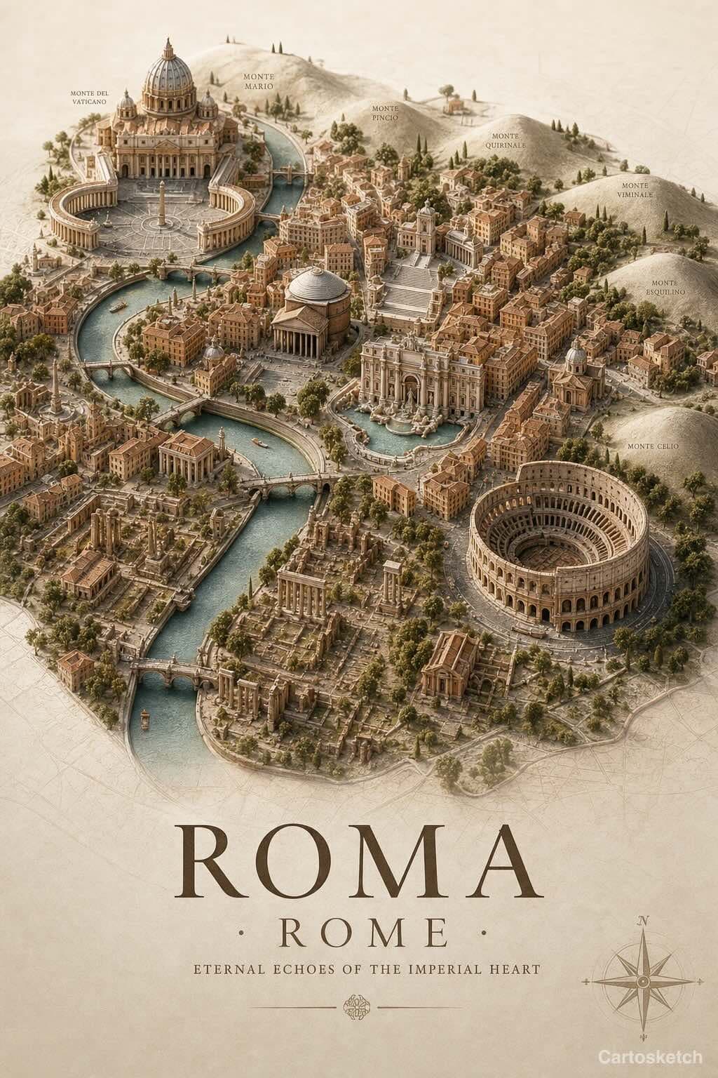 Rome destination poster generated by Cartosketch AI — isometric relief map with ROMA · Rome title