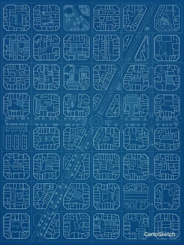 Eixample, Barcelona rendered in Blueprint style by Cartosketch AI