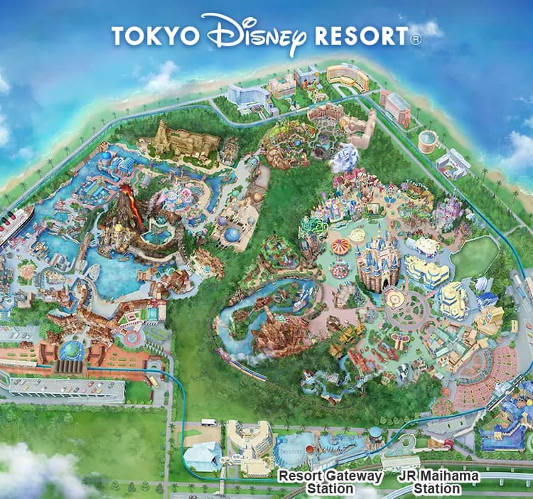 Official Tokyo Disney Resort guide map — a hand-painted bird's-eye illustration of Tokyo DisneySea on the left with Mount Prometheus and the central lagoon, Tokyo Disneyland on the right with Cinderella Castle, and the JR Maihama line with Resort Gateway Station along the bottom