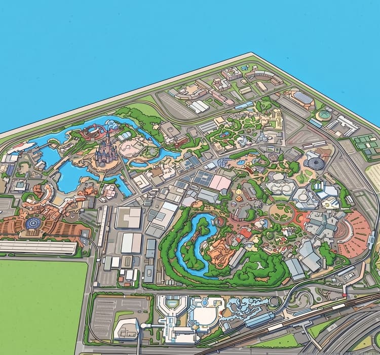 Refined CartoSketch cartoon of Tokyo Disney Resort after one Modify pass — the parking block in the bottom-left is now drawn as green lawn, the ocean across the top is clean blue with no extraneous buildings, and the top-right edge has been pushed back into ocean for a cleaner waterline