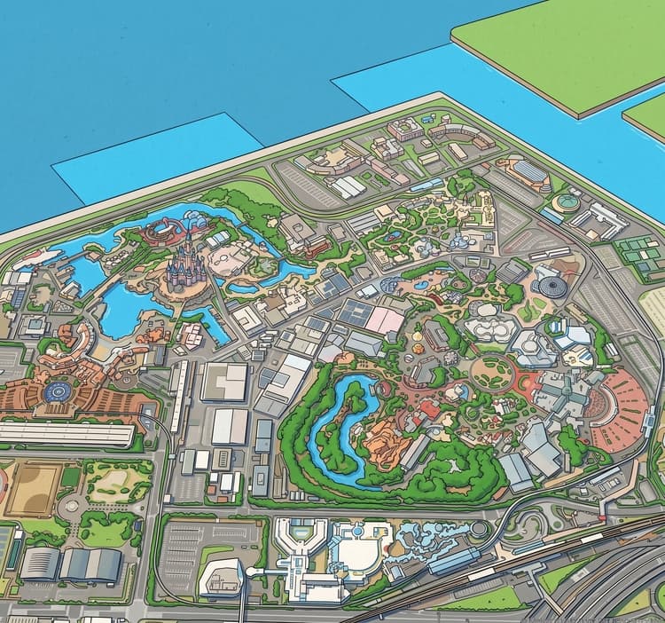 First-pass CartoSketch cartoon of Tokyo Disney Resort before refinement — the parks, lagoons, and rail line are recognizable, but a parking-block area in the bottom-left is mistakenly drawn as part of the park, and the ocean above the resort still has stray buildings rendered into it