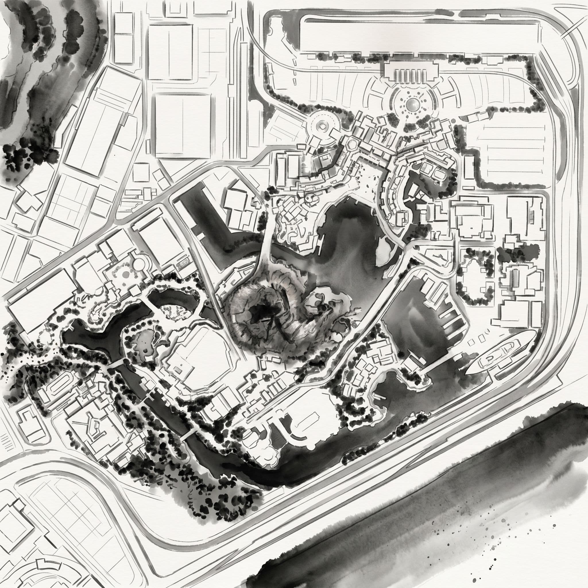 Tokyo DisneySea, Japan rendered in Ink Wash art style by CartoSketch AI