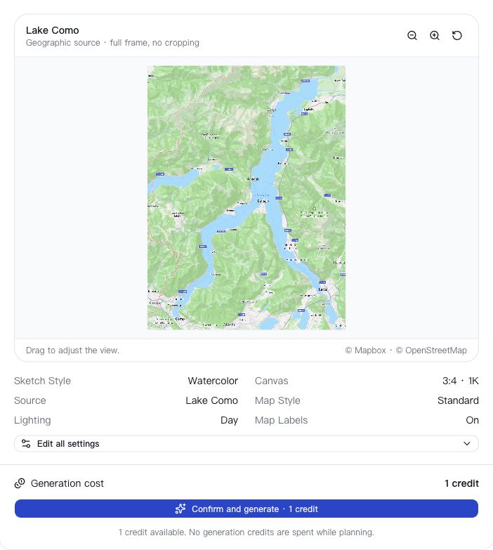 Actual Lake Como proposal: Watercolor, 3:4, 1K, quoted at 1 credit. This is the source map and settings, not a generated watercolor image.