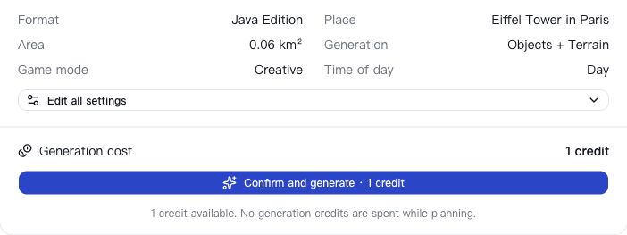 Actual Eiffel Tower proposal: Java, Objects + Terrain, Creative, 0.06 km², quoted at 1 credit. This is a planning screenshot, not an exported world or an in-game view.